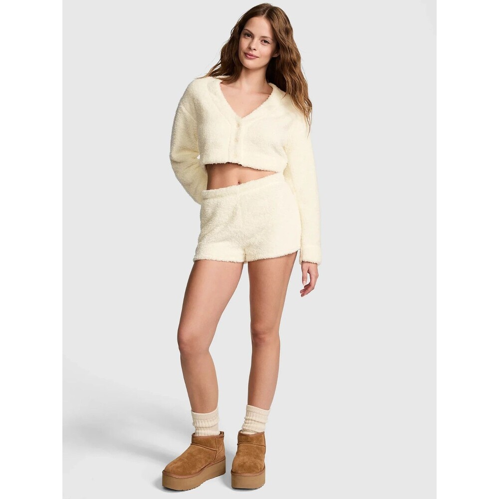 PINK‎ Victorias Secret Co-zzzy Fleece Boxy Fuzzy Pajama Shorts White Creamer MED